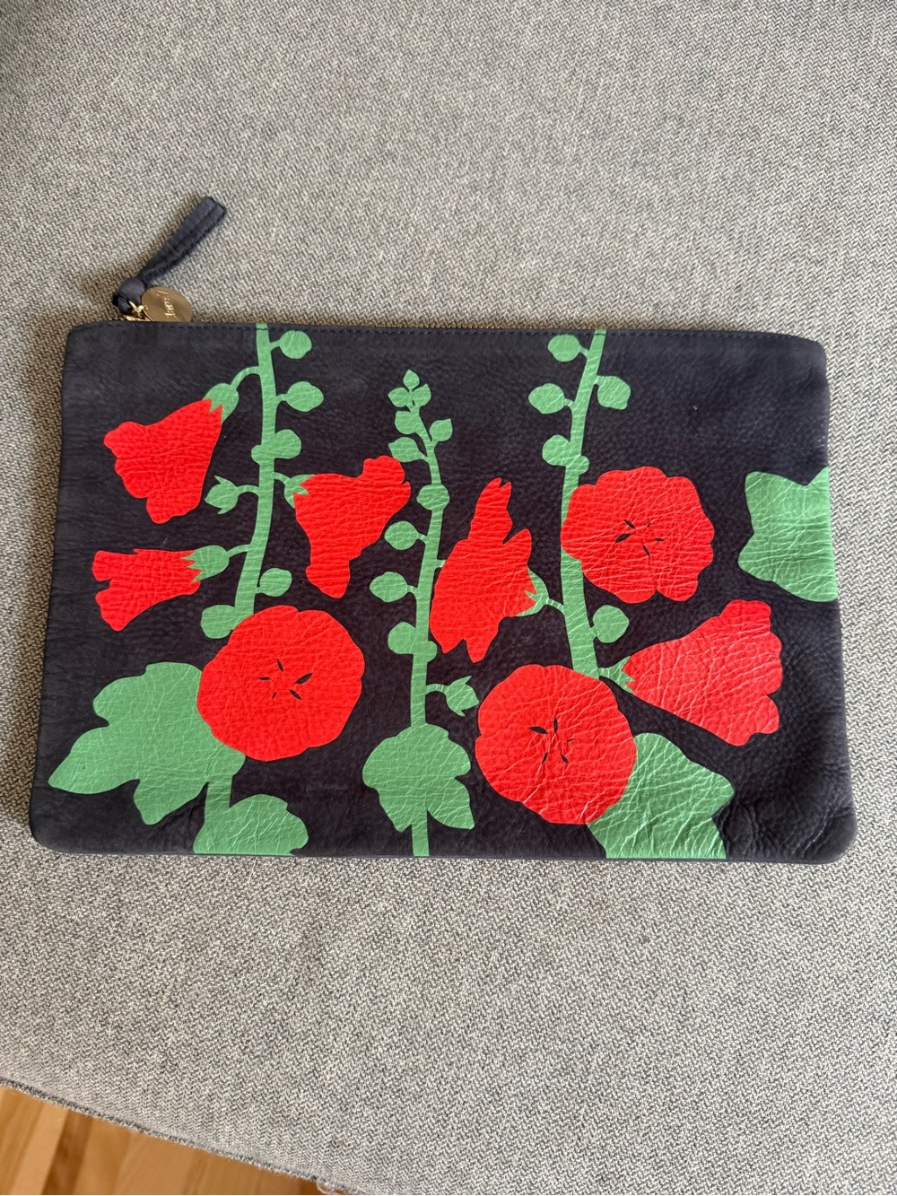 Black Floral Leather Zip Pouch with Red Flowers and Green Leaves